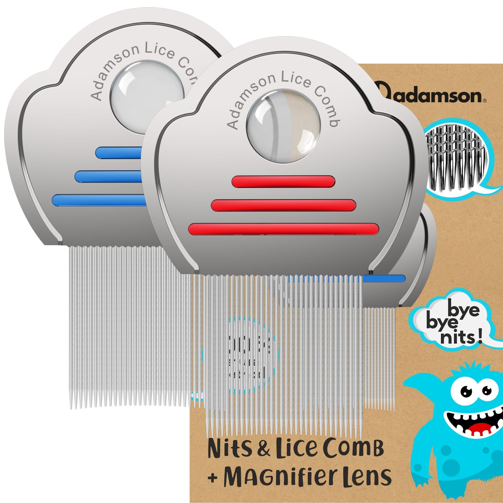 Lice Comb with Magnifying Glass 2 Pack- Stainless Steel - Effective Nit Comb for Thick Hair - Durable and Easy to Clean - Ideal for Kids - Red and Blue Set