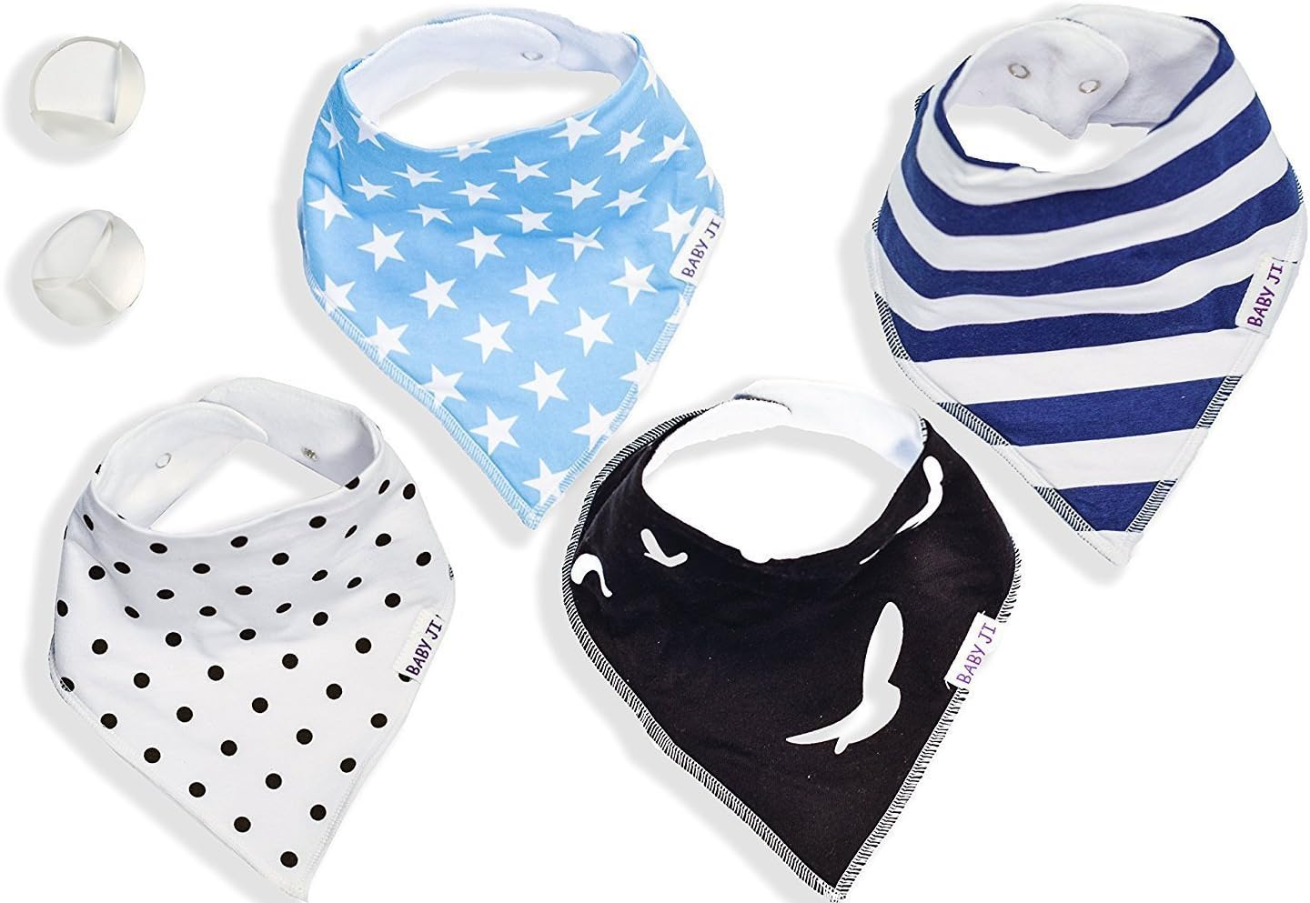 Baby Ji Bandana Drool Bibs – Fashionable Super Absorbent 100% organic cotton. adjustable Snaps - 4 Pack. Cute Baby Shower Gift. 2 Free Bonus: Corner Safety Bumpers + Ebook Total Toddler Care