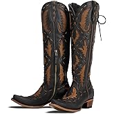 XEYANFYS Knee High Cowboy Boots for Women Pointed Toe Side Zipper Cowgirl Boots Women's Lace up Chunky Heel Western Boots