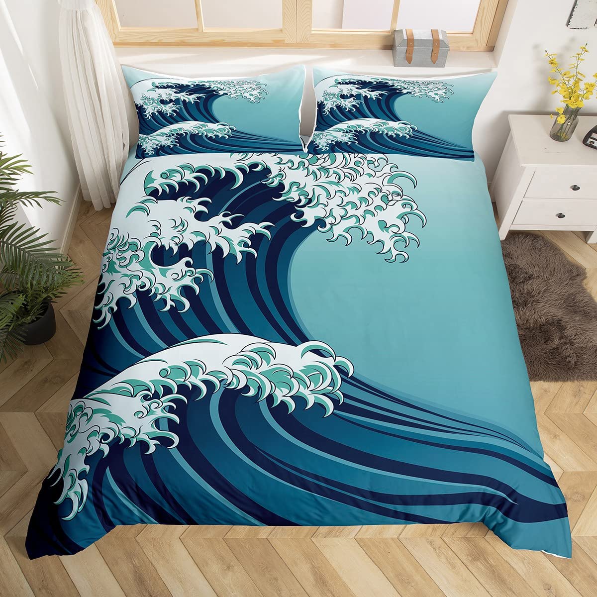 richhome Ukiyo Ocean Comforter Cover King Size,Japanese Style Sea Wave Duvet Cover with 2 Pillowcase,Sea Adventure Breathable 3 Pieces,Kids Teens Adults Blue Bedding Set,Birthday Gift