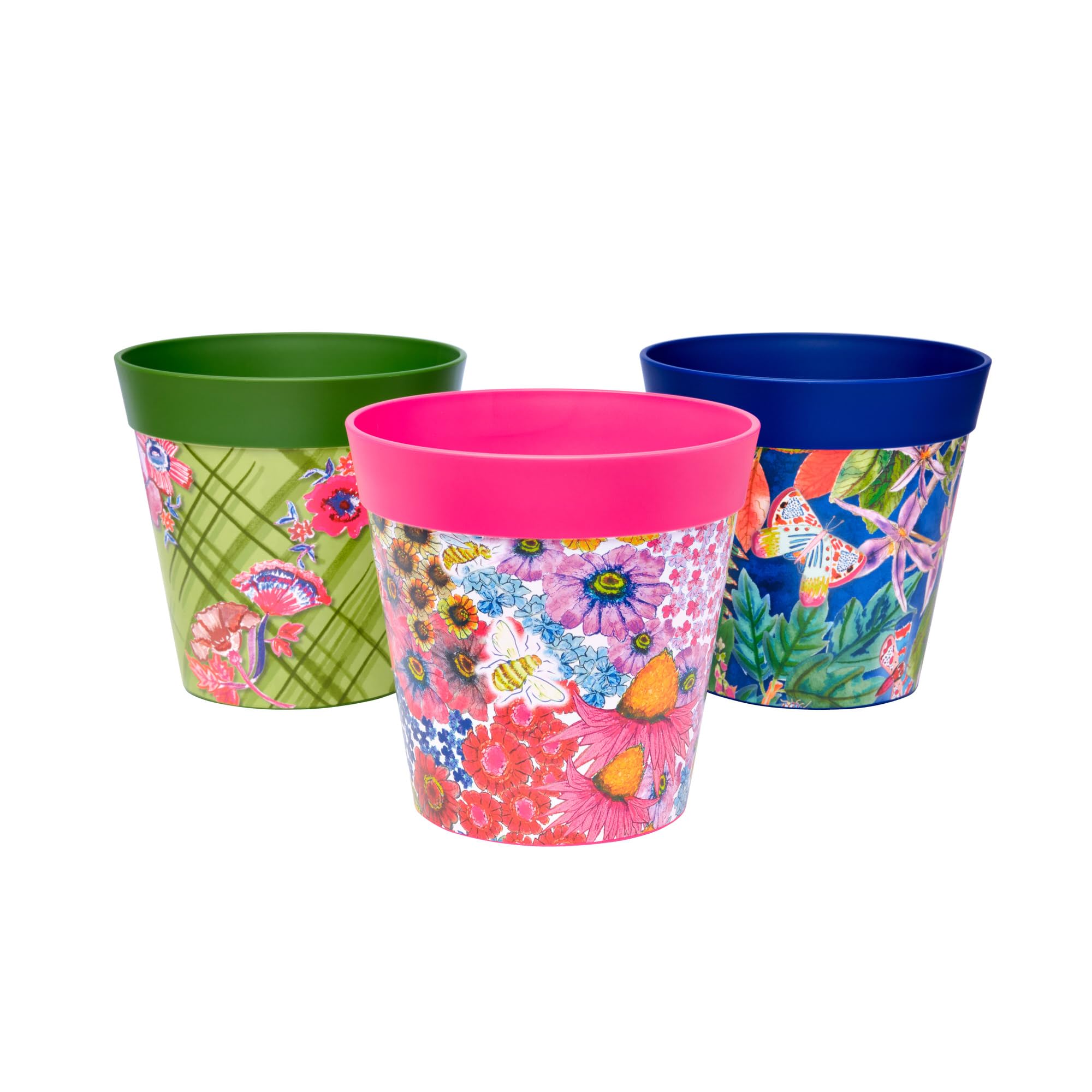 Hum Flowerpots, 15 centimetre, Set of 3, Various Patterns Colours and Sizes, Indoor/Outdoor Plastic Plant Pots, Multi Floral