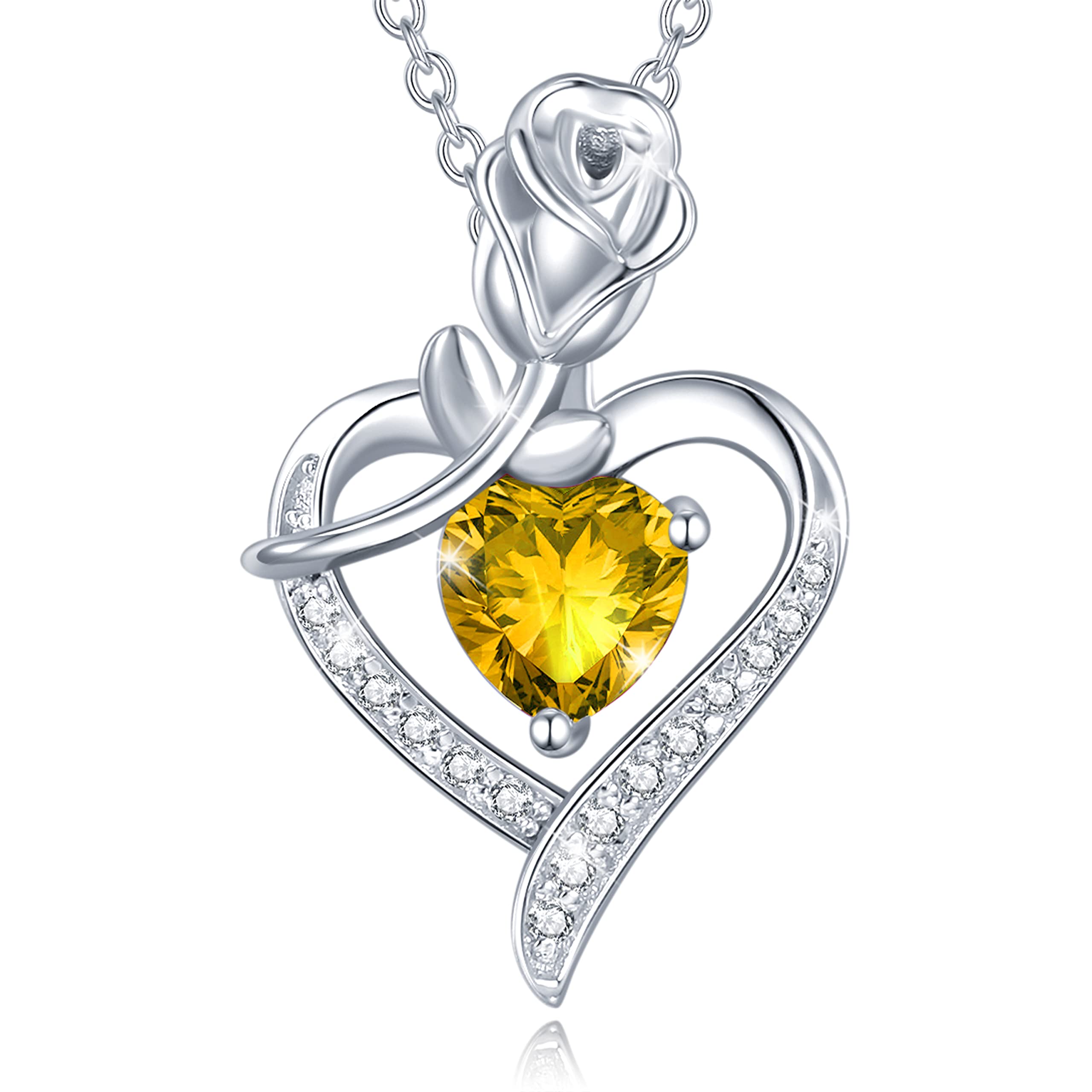 FANCIME 925 Sterling Silver November Birthstone Necklace Rose Heart Natural Citrine Crystal Topaz Necklace with Fine Jewellery Box Christmas Birthday Valentine's Day Mother's Day Present for Women