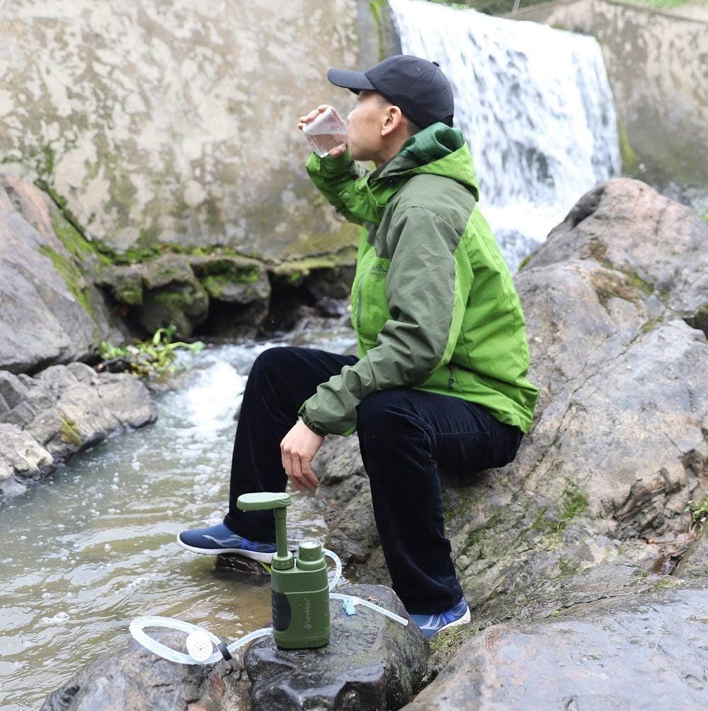 SurviMate Portable Water Filter Pump for Hiking Camping Travel Emergency use with Activated Carbon & 3 Filter Stages (Green) : Sports & Outdoors