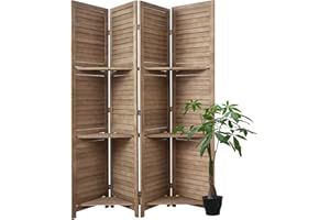 SVIMI Partition Room Dividers, Folding Wood Privacy Screen with Three Display Shelves Suitable for Home Office, Study, Art Display - 4 Panel, 67 * 51inch (Brown)