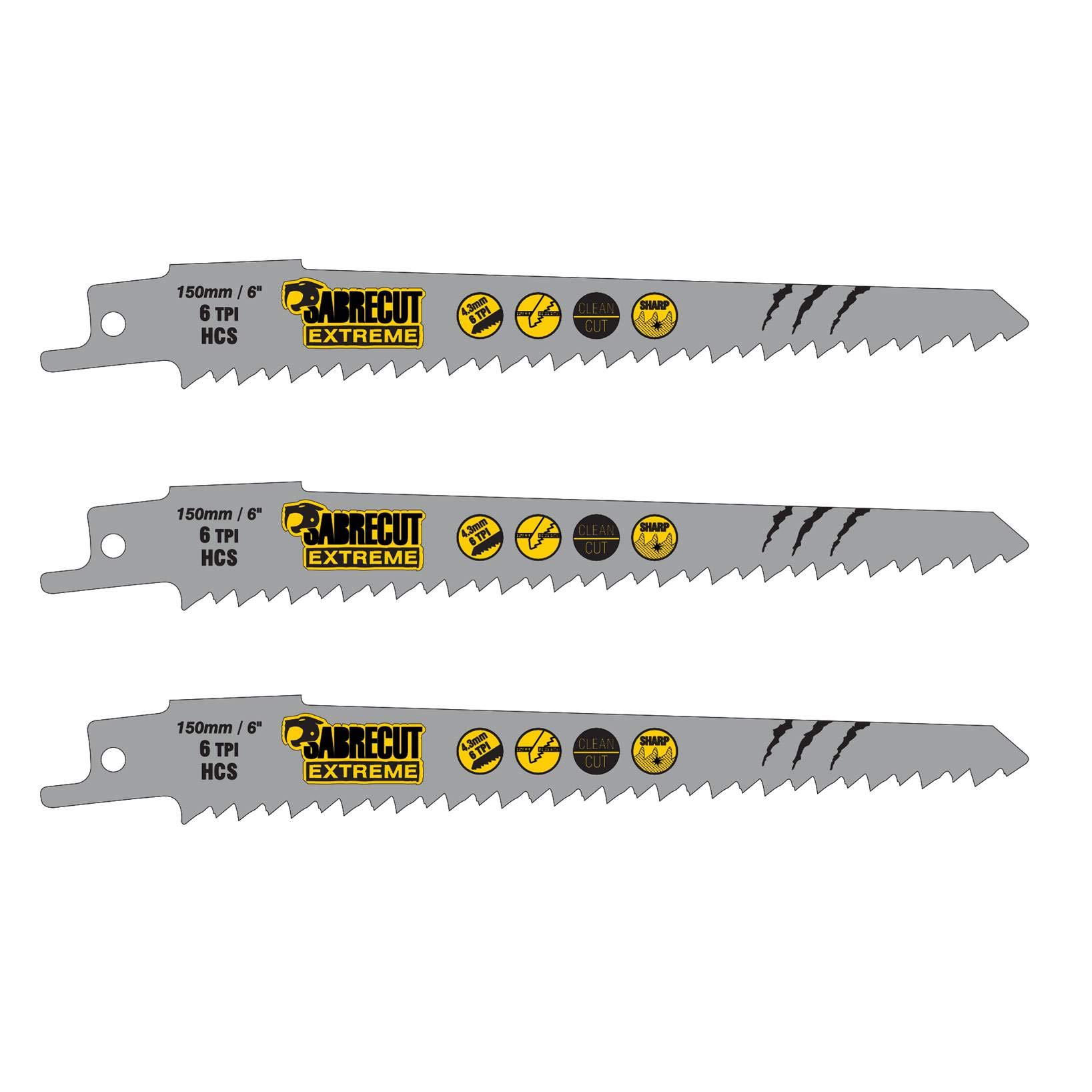 3 x SabreCut SCRS644D_3 150mm 6 TPI S644D Fast Wood Cutting Reciprocating Sabre Saw Blades