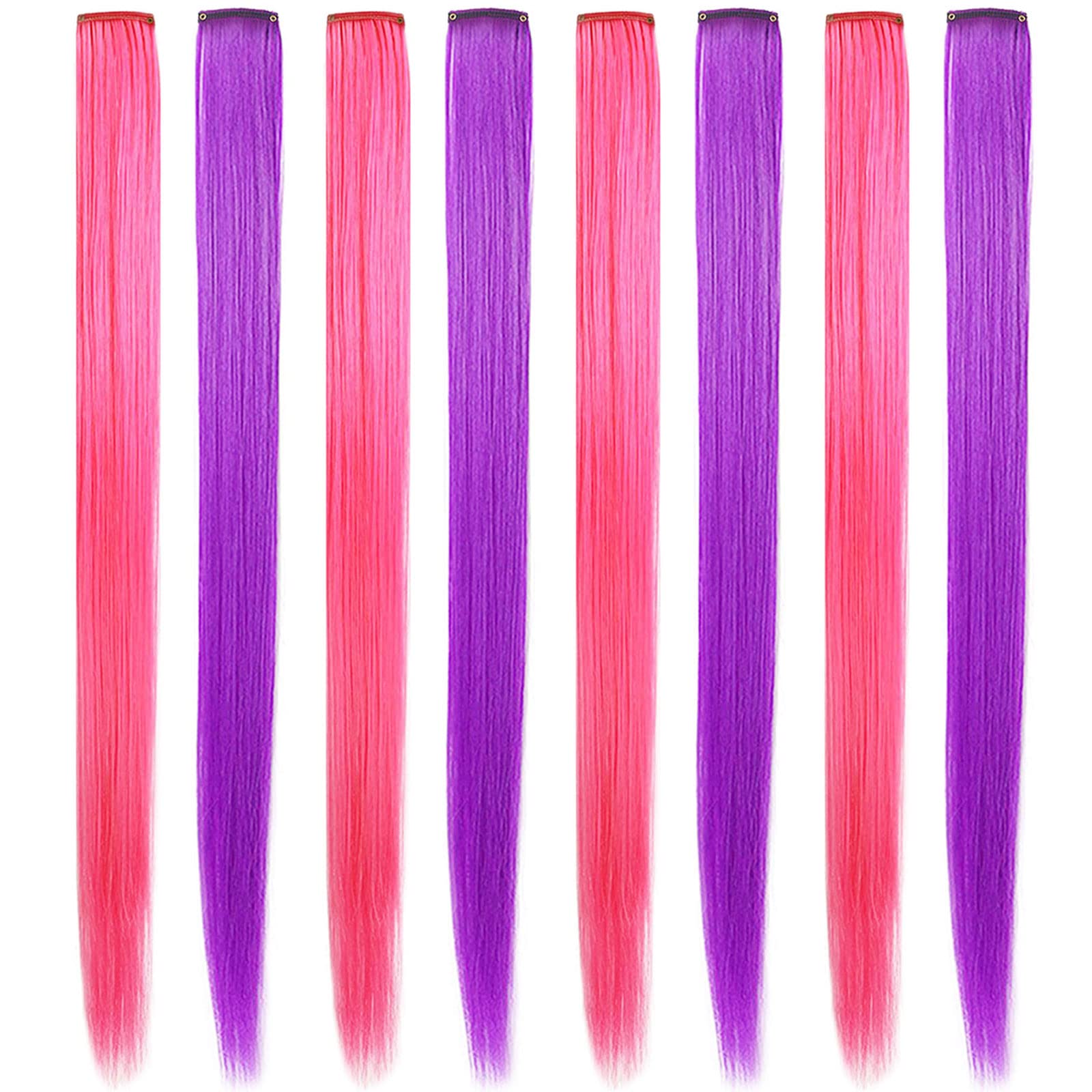 MQY COLOR 8 PCS 21'' Colored Hair Extensions Clip in for Girls Party Highlights Synthetic Long Straight Colorful Hairpieces for Women Hair Accessories Wig Pieces (Purple Pink)