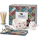 ENNJO 7 Pcs Matcha Kit: Ceramic Matcha Bowl with Spout, Bamboo Whisk And Scoop, Stainless Steel Sifter, Holder, Rest And Tea Towel. Elegant Matcha Whisk Set for Beginners And Gifting