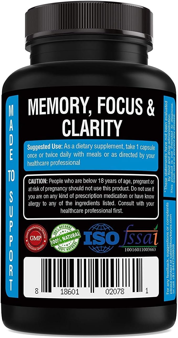 Kayos Naturals Ginkgo Biloba with Ashwagandha and Bacopa Brahmi for Memory Focus and Concentration 500mg - 60 Capsules