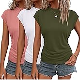 Bliwov 3Pack Womens Summer Cap Sleeve Tops Business Casual Crewneck Ruched T Shirts Trendy Outfits Beach Vacation Clothes