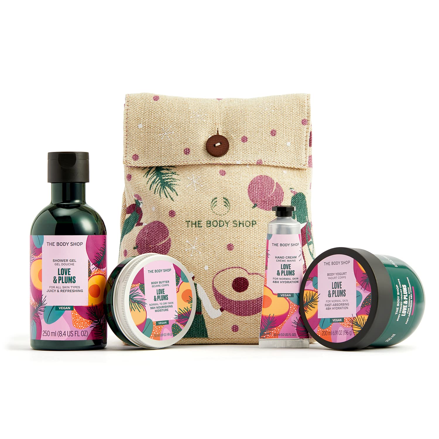 The Body Shop Love & Plums Essentials Gift Set – Pampering Festive Skin care Treats – Vegan – 4 Items