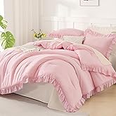 Andency Pink Comforter Set Full, 3 Pieces Lightweight Soft Rustic Pink Ruffle Comforter Women Girls, Solid Farmhouse Shabby Chic Microfiber Bedding Comforter Set