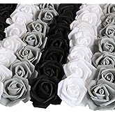 INSUNSIX 200pcs Black Foam Roses Artificial Flower Heads,3inch White Stemless Fake Rose Bulk Faux Flowers for DIY Crafts,Cake Decoration Wedding,Baby Shower Flower Centerpieces(Black,White,Gray)