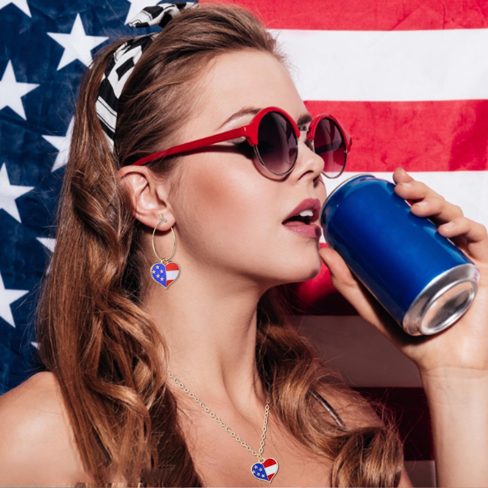 Red White Blue Patriotic Flag Necklace Earrings for Women 4th of July American Flag Pendant Necklace Independence Day Drop Dangle Earring Patriotic Jewelry Set Earrings Set Jewelry Gift