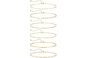 Tewiky Waterproof Ankle Bracelets for Women, 14K Real Gold Plated Anklets for Women 6PCS Anklet Set Dainty Summer Beach Jewelry