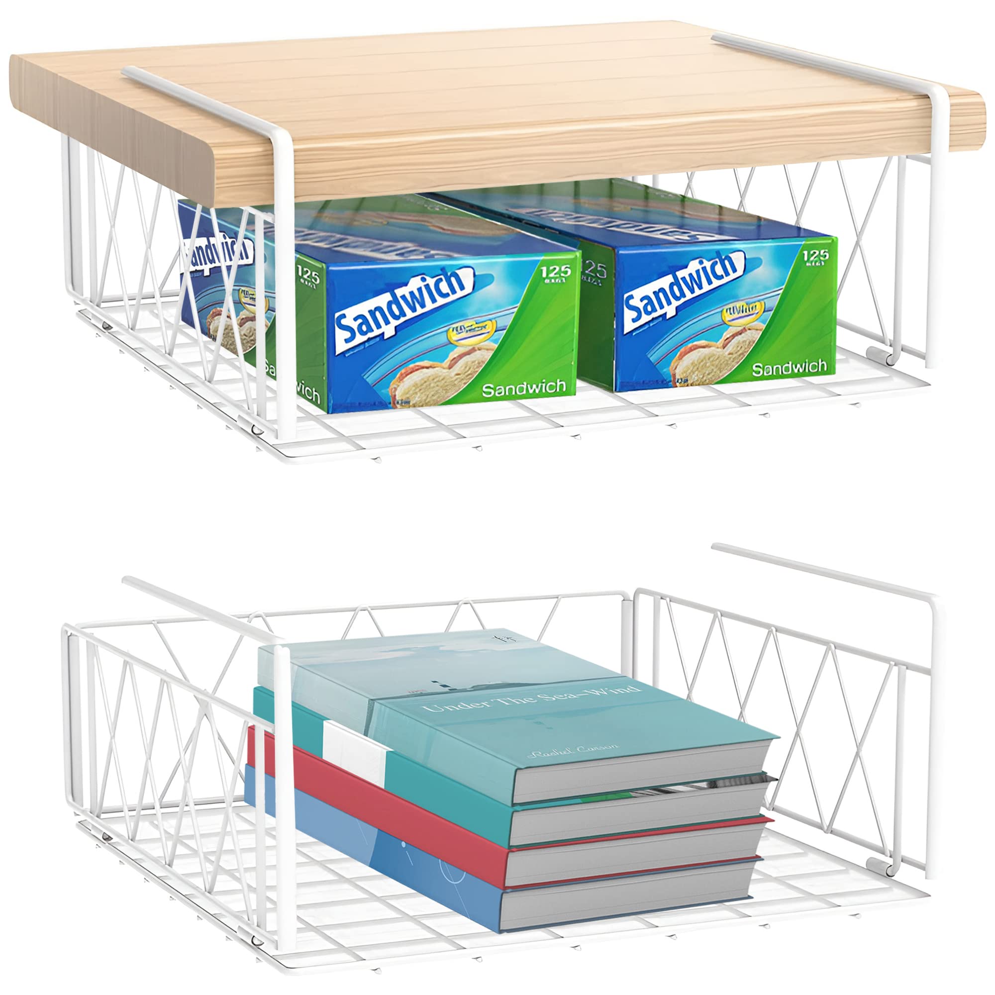 Mutool Under Shelf Storage Basket, Hanging Cabinet Storage Basket Organizer, Metal Wire Basket Shelves for Kitchen, Office, Pantry, Bathroom (White, 2pcs)