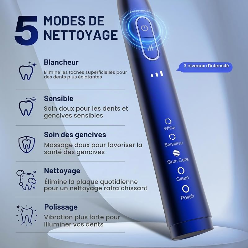 Brosse à dents sonique pour adultes, brosse à dents électrique rechargeable avec 5 modes de nettoyage, 3 niveaux d'intensité, capteur de pression intelligent (Bleu Marine)
