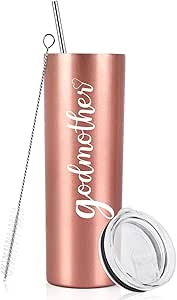 Godmother Stainless Steel Skinny Tumbler, Mother's Day Insulated Travel Tumbler, 20Oz Water Tumbler with Lid and Straw, Godmother Gift for Mother's Day, Birthday, Christmas, Baptism, Rose Gold
