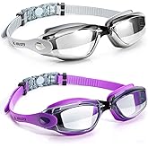 Keary 2 Pack Anti-Fog Swim Goggles for Adult Youth Kids 6+, Anti-UV Waterproof Triathlon Pool Goggles with 3 Nose Pieces