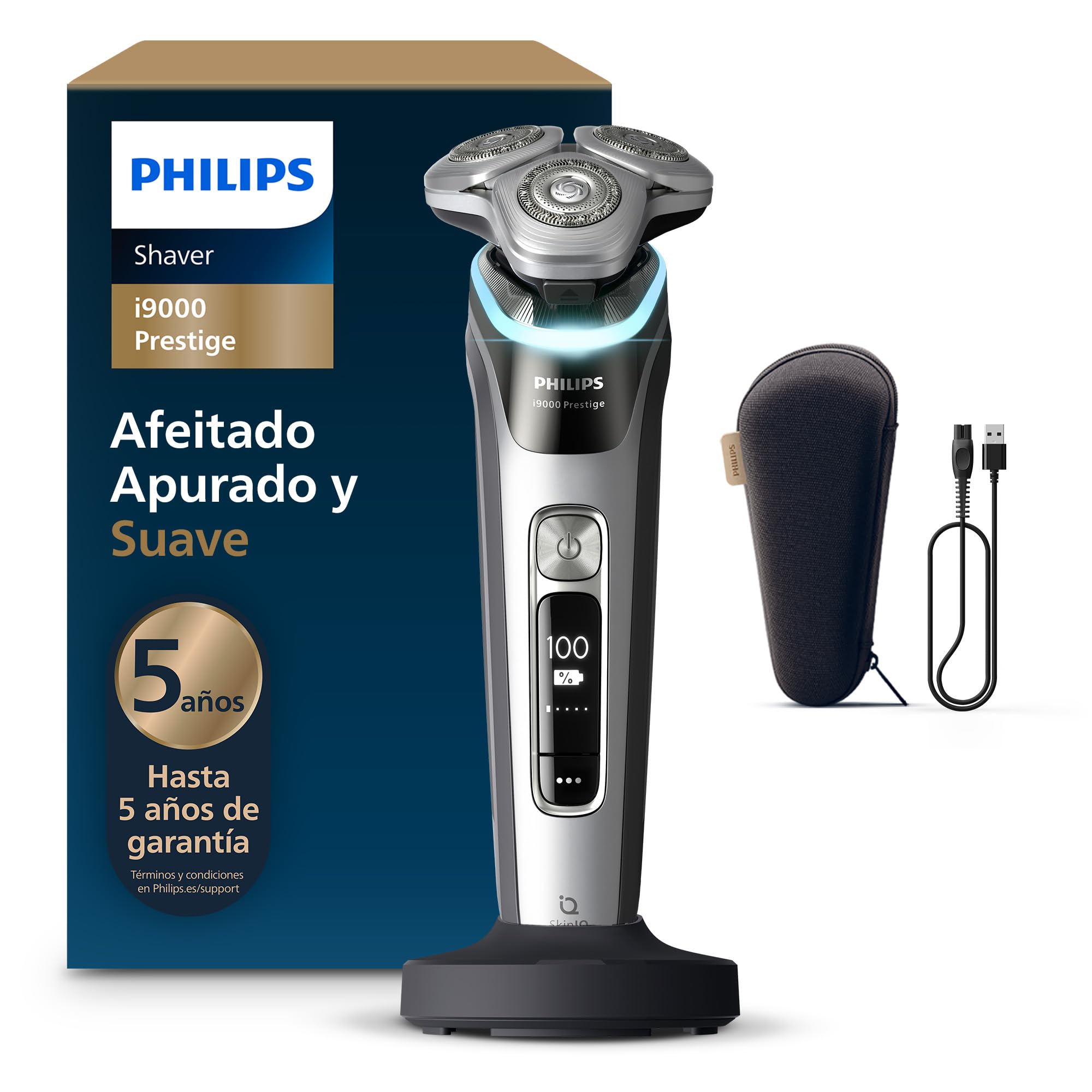 Philips i9000 Prestige, Afeitadora Eléctrica Hombre, Máquina de Afeitar Barba en Seco y Húmedo, Tecnología SkinIQ, Base de Carga, Recargable, Estuche de Viaje, XP9204/10