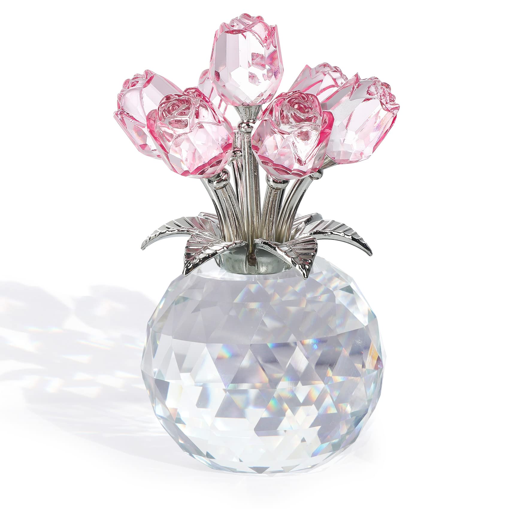 Crystal Pink Rose Bouquet Flower Figurine with Round Vase, Romantic Rose Gifts for Women Her on Valentine's Day Mother's Day Christmas, Collectible Floral Glass Ornaments for Home Party Wedding