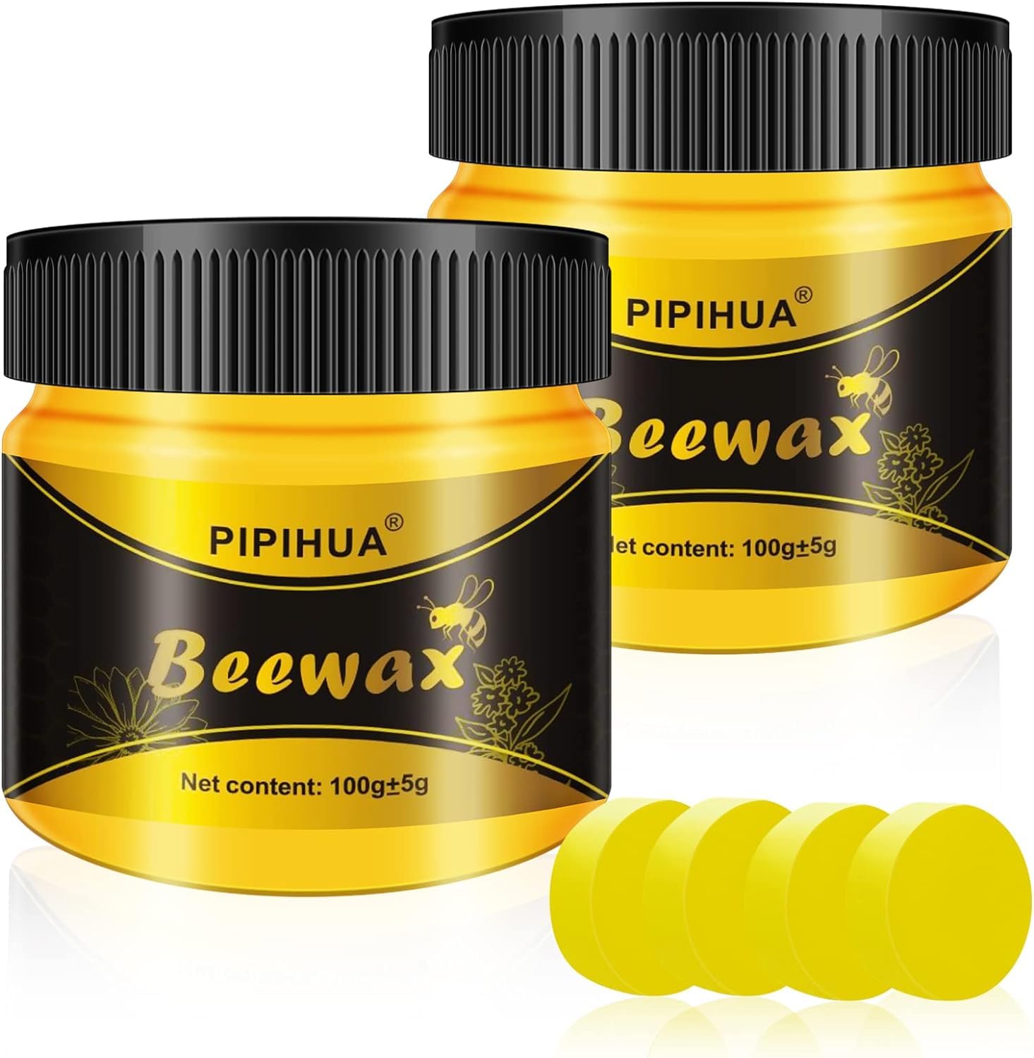 PIPIHUA Beeswax Polish for Wood, Multi-purpose Furniture Polish for Waterproofing & Protection, Natural Beeswax Traditional Wood Wax for All Types and Colours, 2×100g with 4 Sponges