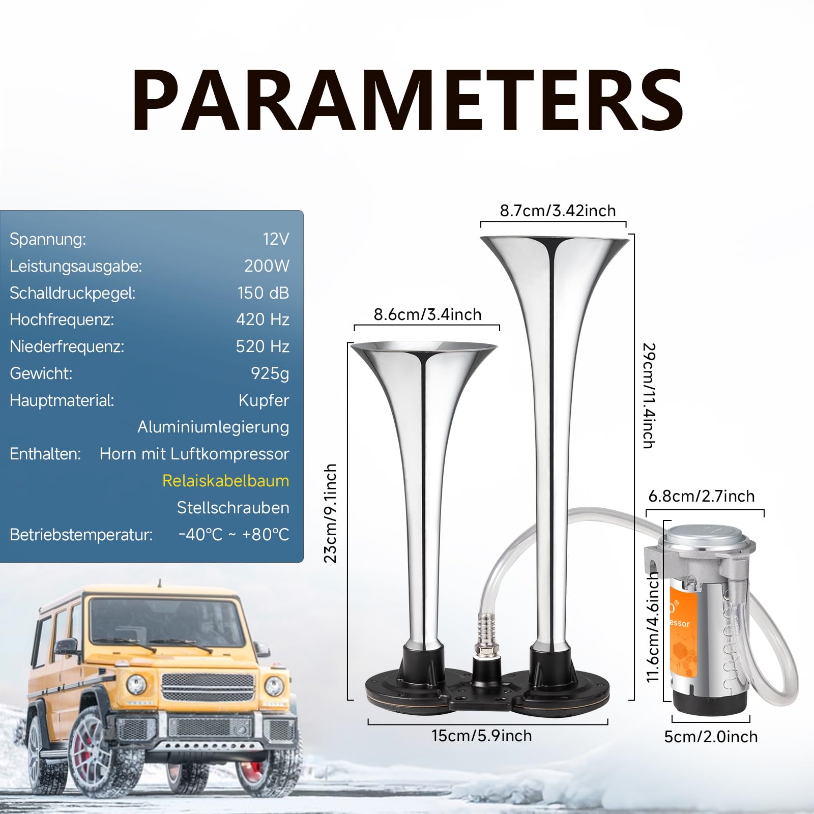 150DB Air Train Horn kit for Car, Banhao Super Loud Twin Tone Chrome Plated Zinc Dual Trumpet with Compressor for Any 12V Trucks Lorrys Trains Vans Boats (Chrome)