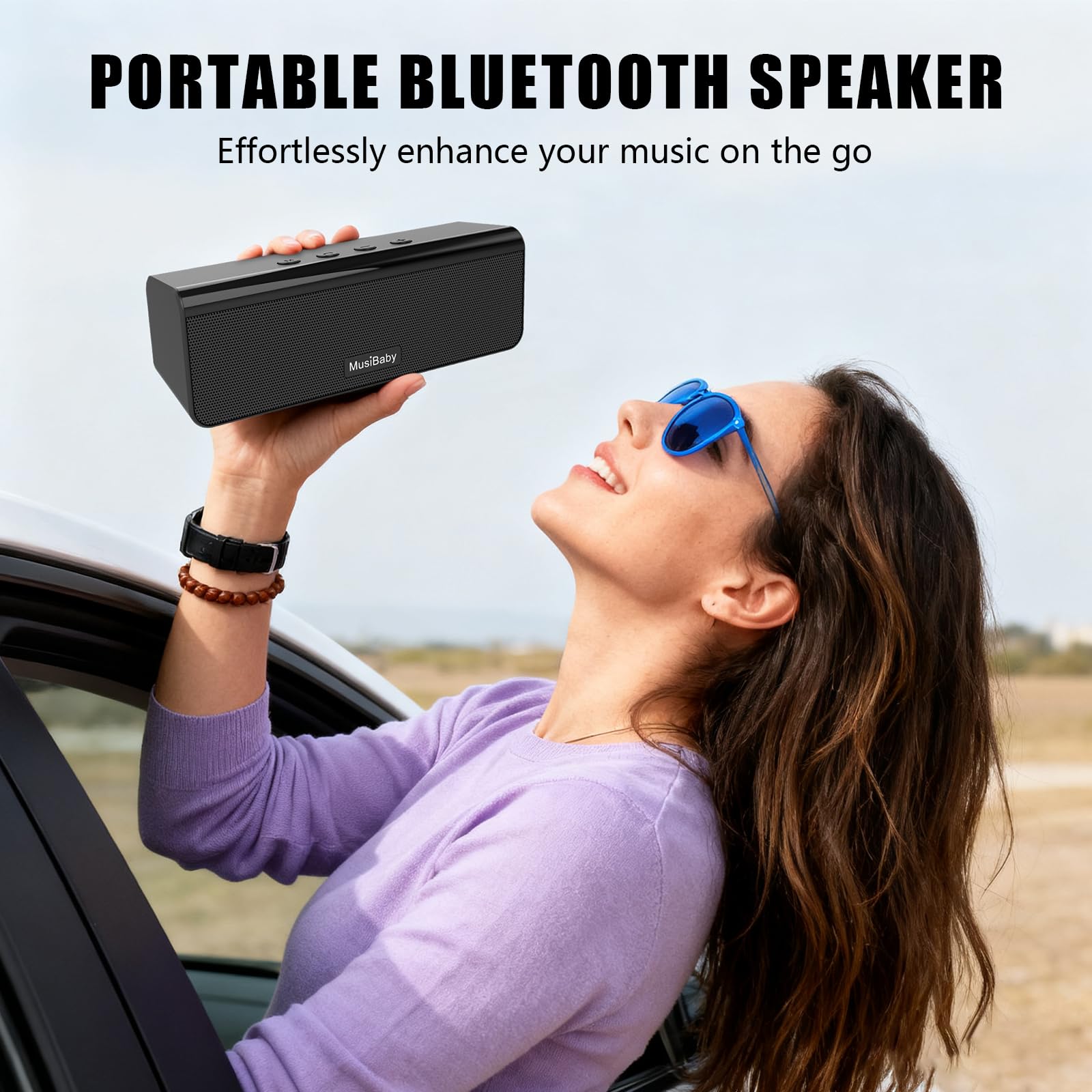 Bluetooth Speaker, MusiBaby M71 Speaker, IPX5 Stereo Sound Waterproof Portable Speakers, Dual Pairing, 24HRs Playtime for Indoor/Outdoor - Black