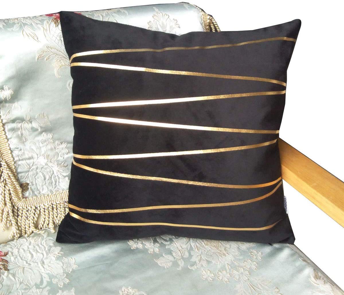 ZUODO Black Velvet Square Pillow Covers Gold Stripe Printing Velvet Cushion Covers 45 x45 cm Chair Decorative Cushion Cover for Couch Bed Car Pack of 1 (Gold Stripe- black, 1)