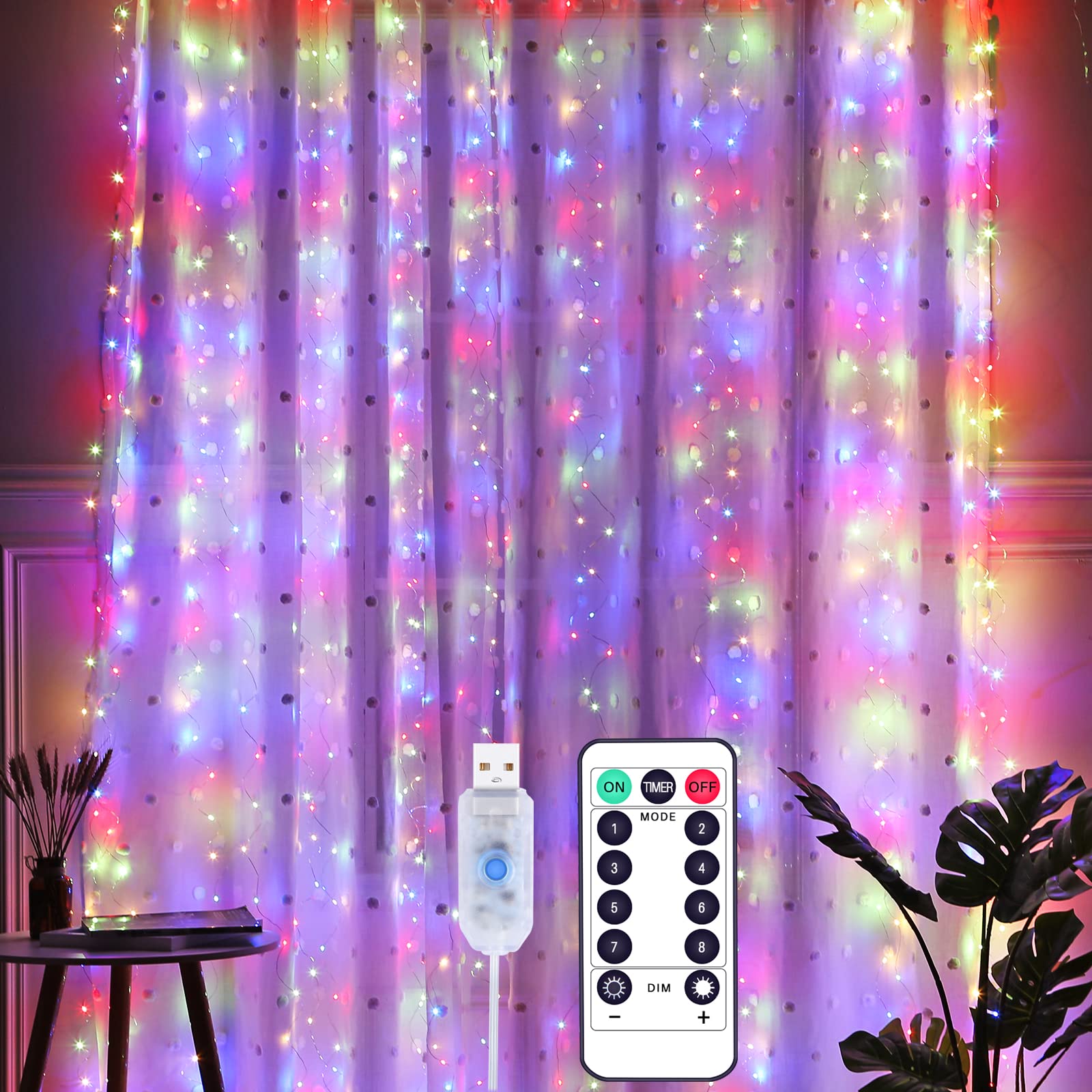 Yizhet Curtain Lights 3m x 3m, 300 Led Curtain Fairy Lights Multicolor, 8 Modes, Waterproof, USB Powered with Remote Control & Timer for Bedroom, Wedding, Party