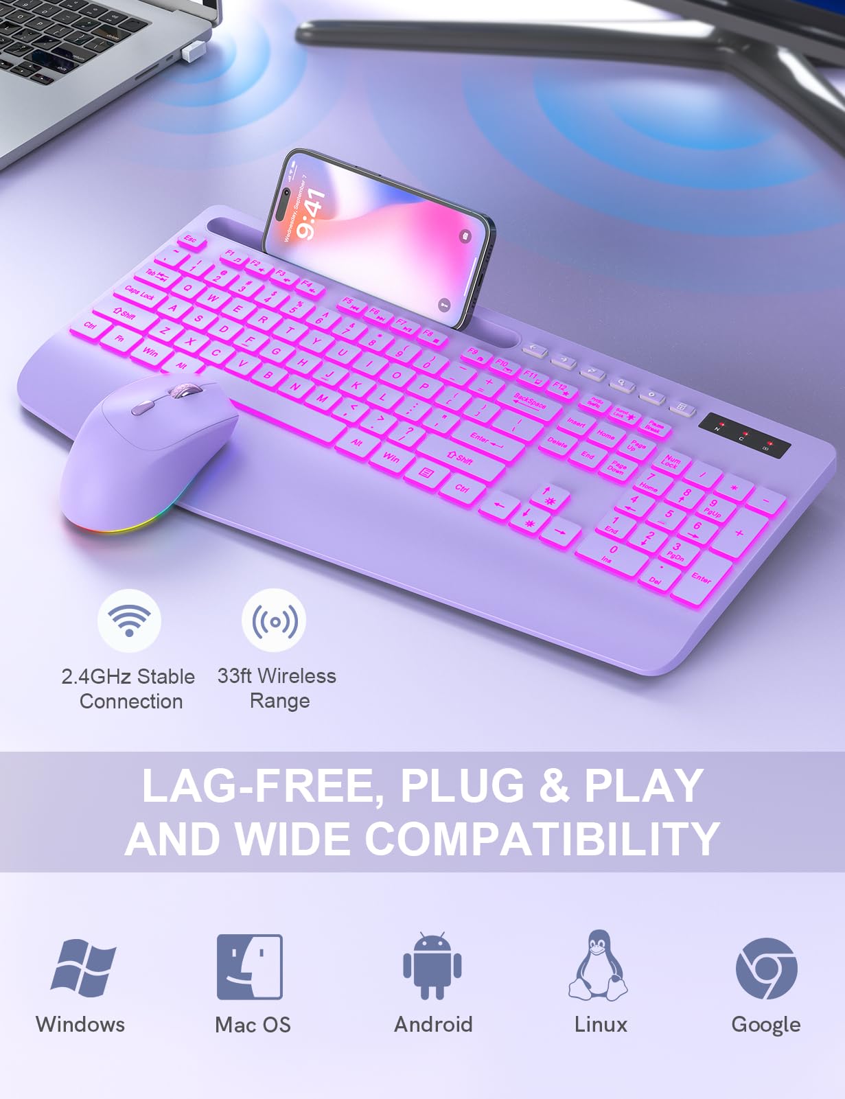 Wireless Keyboard and Mouse Combo - 7Color Backlit, Wrist Rest, Rechargeable, Silent Light Up Keys, Ergonomic Full Size with Phone Holder for Windows, Mac, PC, Laptop, PC - Trueque (Purple)