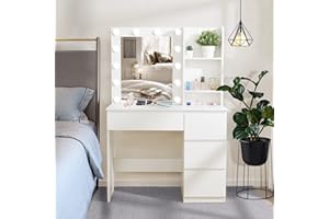 Vabches Makeup Vanity with Lights, 37inch Vanity Desk, 4 Large Drawers Dresser with Lighted Mirror, 3 Lighting Modes Brightness Adjustable, White