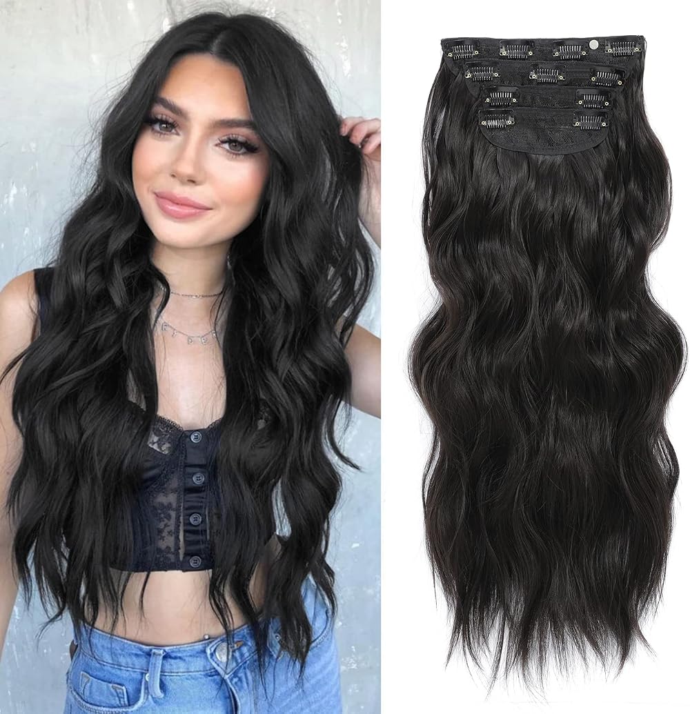 Fine Plus Hair Extensions Clip in 4Pcs Dark Brown 20In Long Wavy Full Head