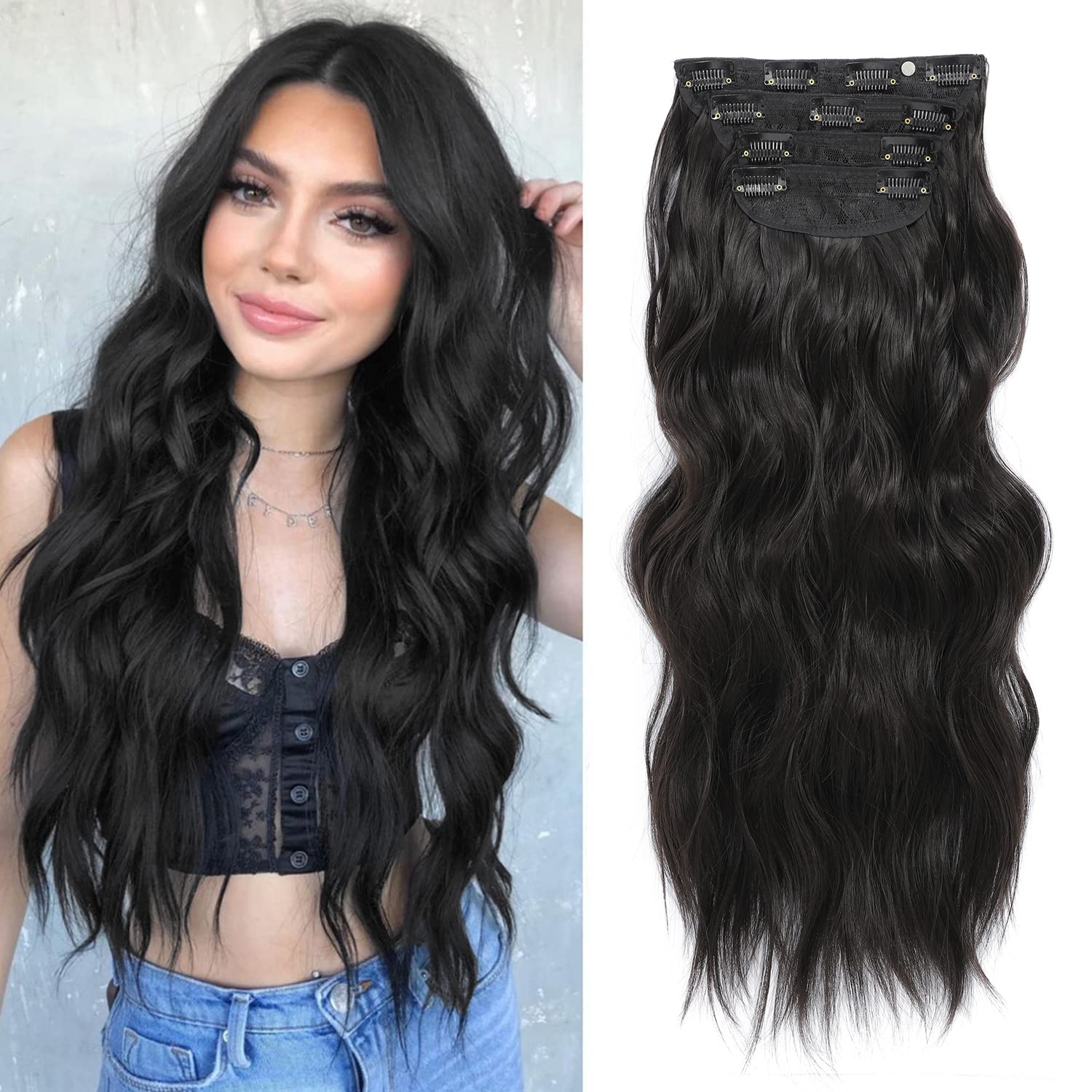Hair Extensions Clip in 4PCS Dark Brown 20Inch Hair Extension Long Wavy Full Head Clip in Hair Extension Synthetic Fiber Hair Pieces for Women — image 1
