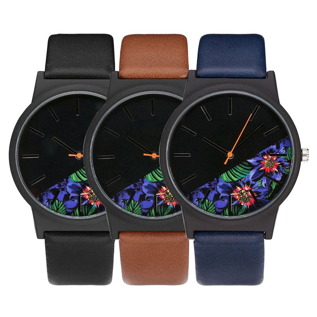 JSDDE Montre Femme Montre Fleur Style Basel Montre Noir Bracelet PU Cuir