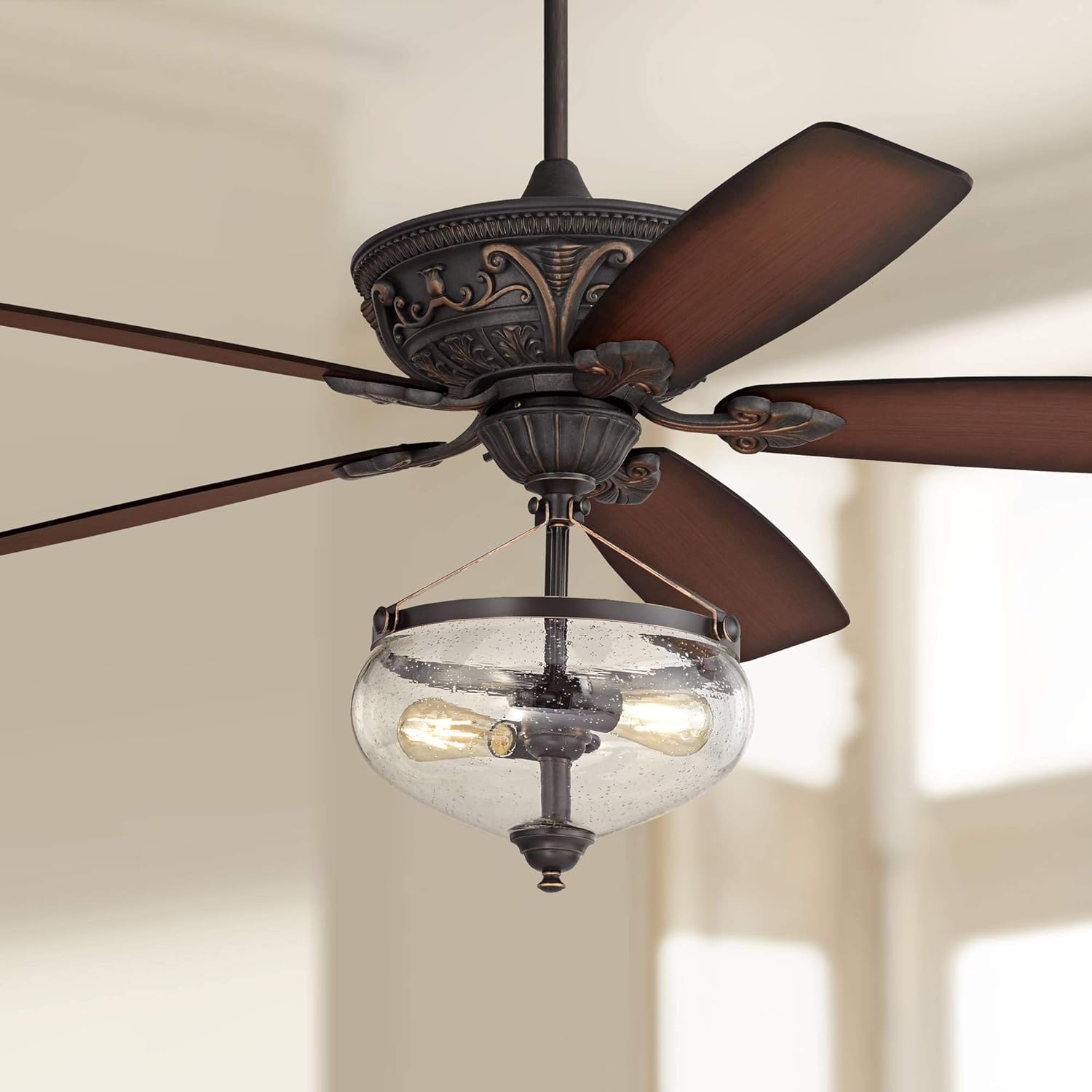 60 Casa Montego Vintage Ceiling Fan With Light Led Dimmable Bronze Shaded Teak Blades Seedy Clear Glass Bowl For Living Room Kitchen Bedroom Family