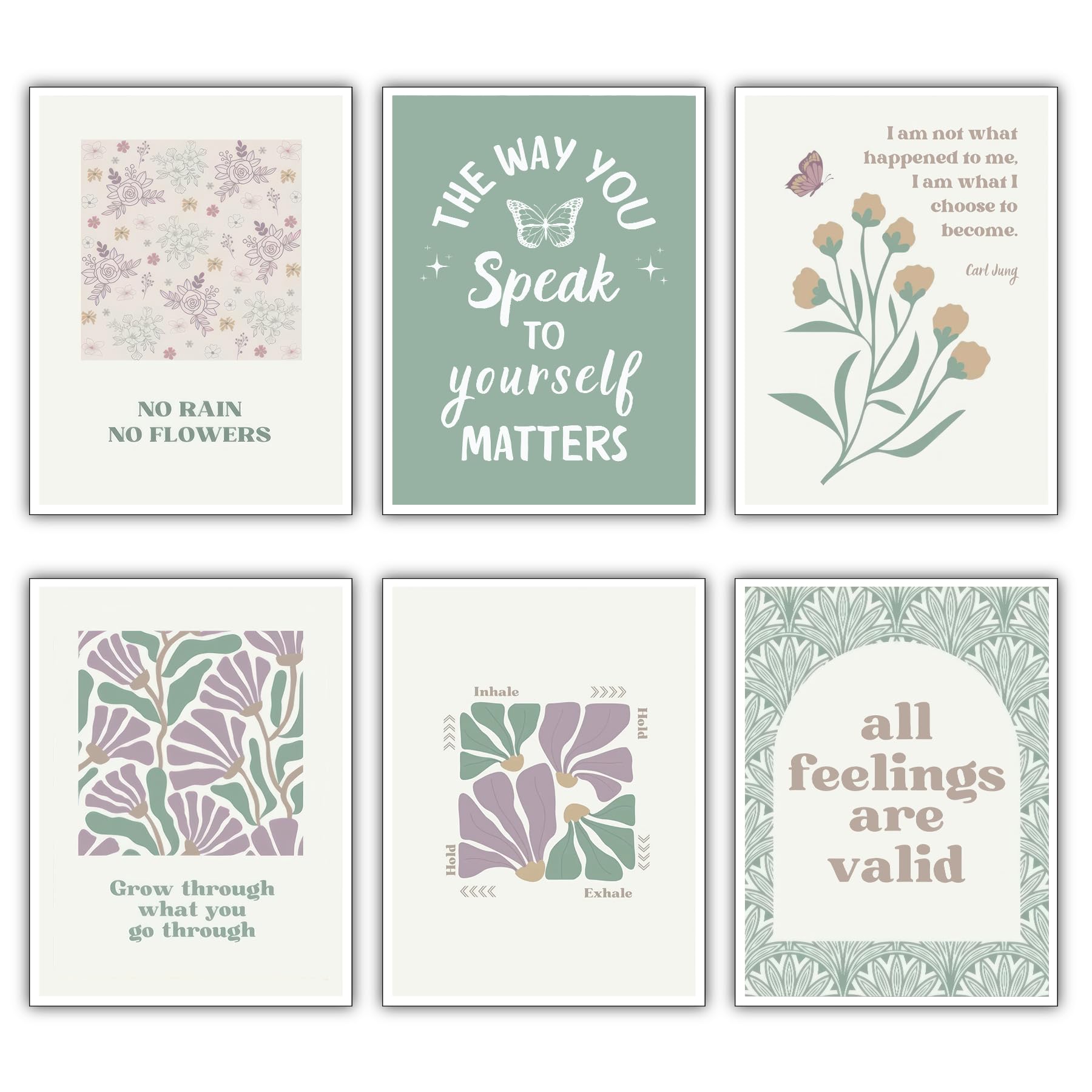 Photo 1 of 6 Pcs Mental Health Canvas Wall Art Green affirmations Inspirational poster Prints Green Floral Aesthetic Room Wall Docer for Therapy Bedroom Office Home Decoration?8×10in Unframed?