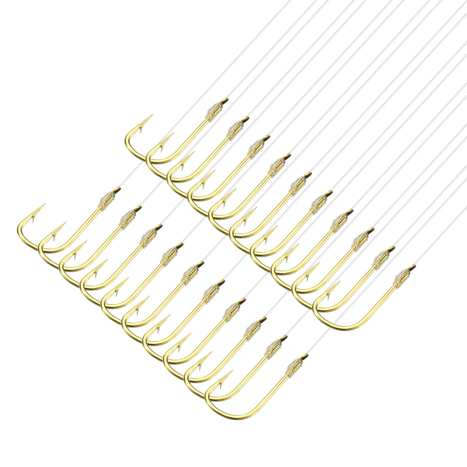 PATIKIL 4# Small Fishing Hooks with 45cm Line, 20Pcs 0.34x0.17 Inch Double Hook Rigs with Barbs Fishing Hook on Nylon Line for Freshwater, Gold Tone