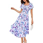 GRACE KARIN Womens Summer Dresses 2026 Puff Short Sleeve Floral Wedding Guest Dress Smocked Tiered Maxi Dress with Pockets