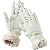 Yoaier Women's Winter Thermal Gloves - Super Warm & Windproof with Soft Plush Lining, Water-Resistant, Extended Cuff for Driving, Skiing, Daily Use (Includes Touchscreen Fingertip - White with Bow)