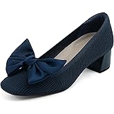 JENN ARDOR Comfortable Low Chunky Dress Shoes for Women Bow Knit Closed Square Toe Heels Casual Slip on Block Pumps for Wedding Party Business Work Office