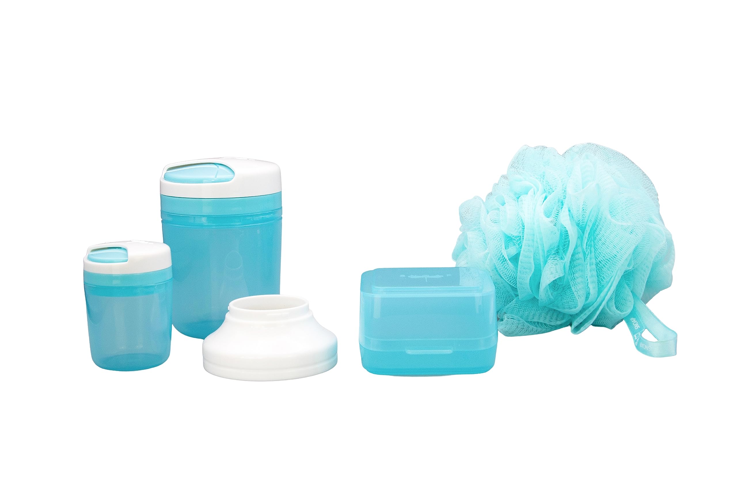 SNOAP Theia Accessories Bundle - Glossy White & SNOAP Blue - Large & Small On-the-go Dispensers, Funnel, Recycled Ocean Plastic Shower Puff & SNOAP Box - Main Dispenser NOT Included