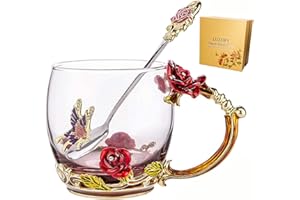 Glass Mug Set Handmade Enamel Butterfly and Red Rose Flower Tea Cups with Handle, Unique Personalized Birthday Present Ideas 