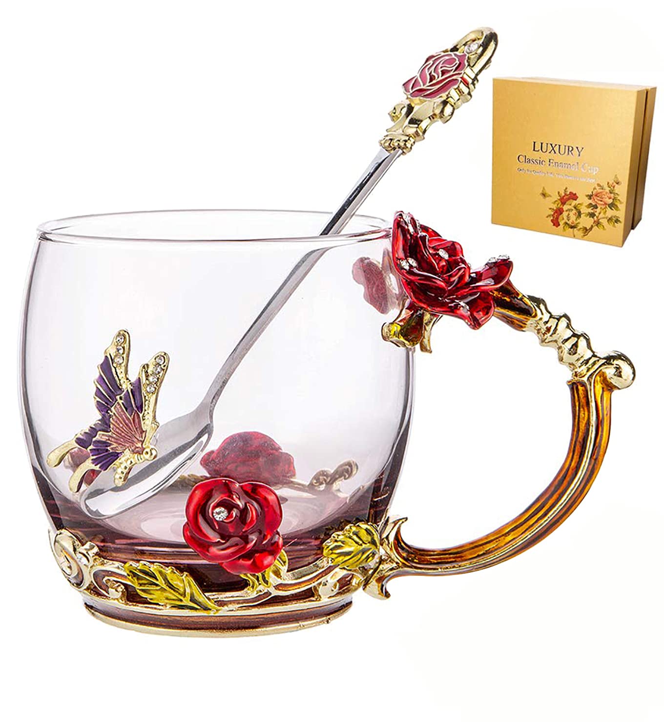 Weierken Tea Cup Coffee Mug Cups, Mother's Day Gifts, Hand Blown Crystal Glass Coffee Cup 11 oz Ideal for Friend Wedding Anniversary Christmas New Year Thanksgiving Birthday Presents