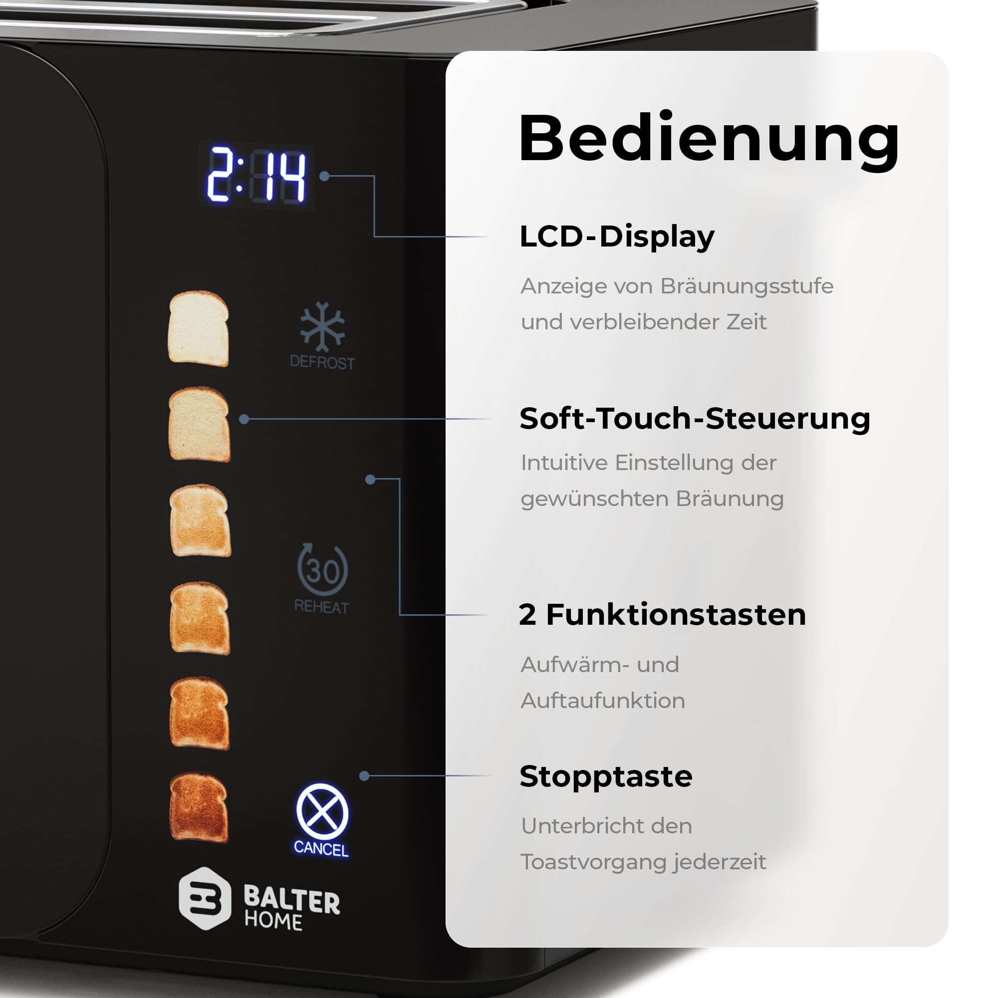 Balter Toaster 4 Scheiben, Touch Bedienung, Langschlitz, Edelstahl, Brötchenaufsatz, LCD Display Langschlitztoaster, Auftaufunktion, Brotzentrierung, TS-44 Schwarz matt 5