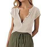 Tankaneo Women Deep V Neck Low Cut Tops Casual Ribbed Knit Henley T-Shirts Summer Short Sleeve Tees