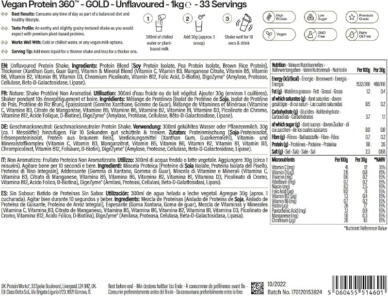 Protein Works | Vegan Protein 360 - Gold, Sin Sabor, 1 kg