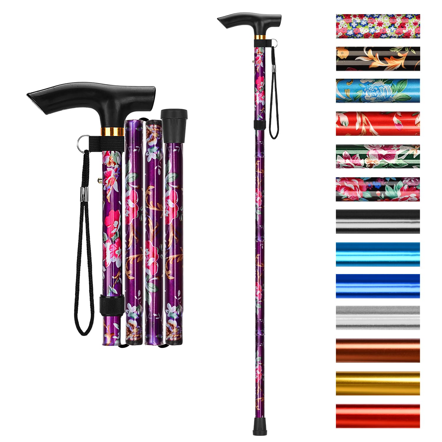 supregear Walking Stick - Adjustable Folding Walking Sticks for Women and Men - Lightweight Portable Collapsible Balancing Aid - Foldable Travel Cane for Ladies Elderly Adults, Purple Floral