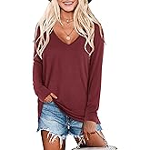 Beluring Woman Long Sleeve Tshirt Loose Casual V Neck Tees Tops Burgundy S