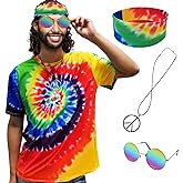 XonyiCos Hippie Costume for Men Women 60s and 70s colorful T-shirt sunglasses headband Peace necklace 4-piece theme party