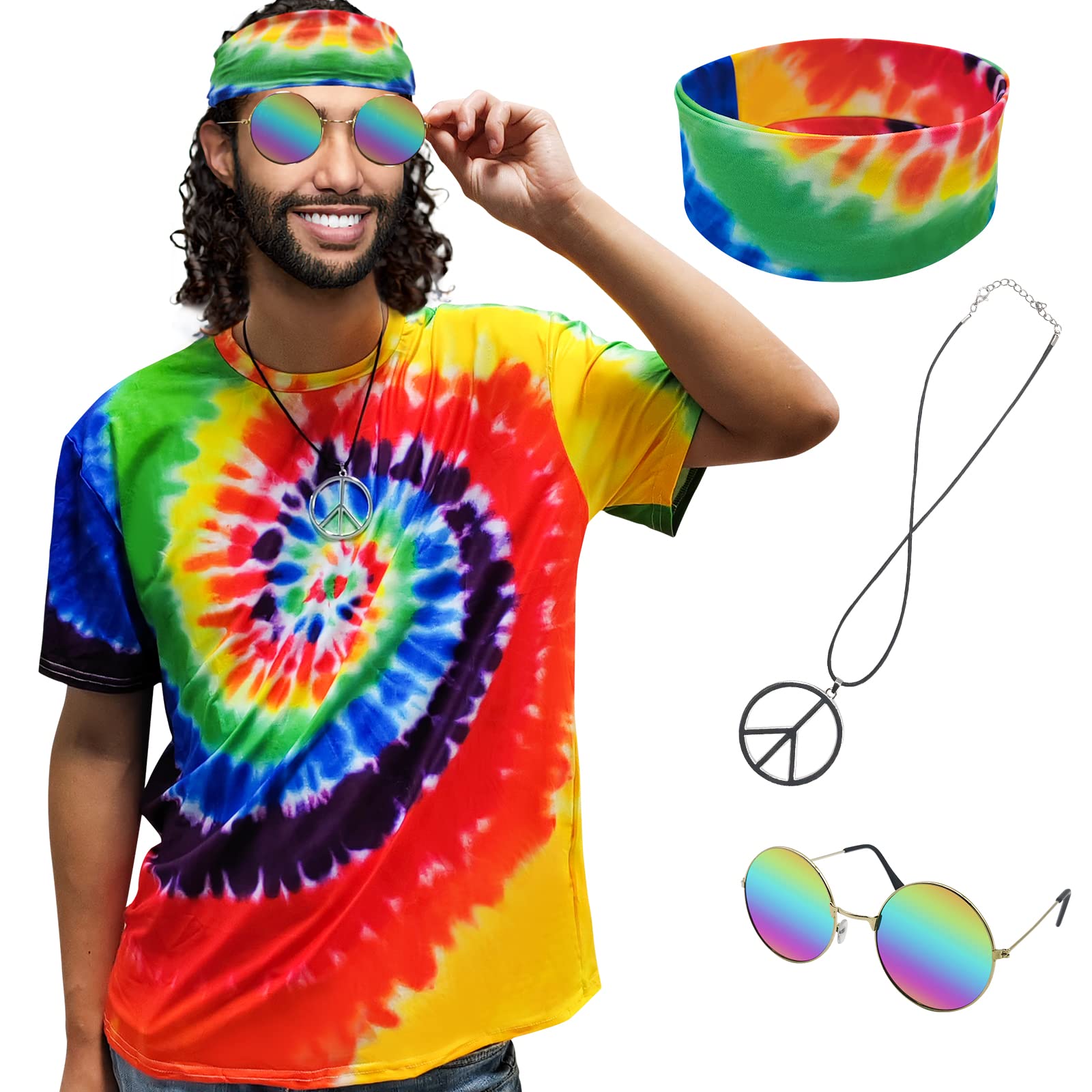 XonyiCos Hippie Costume for Men Women 60s 70s Colorful T-Shirt Sunglasses Headband Peace Chain 4pcs Set for Theme Party 3XL